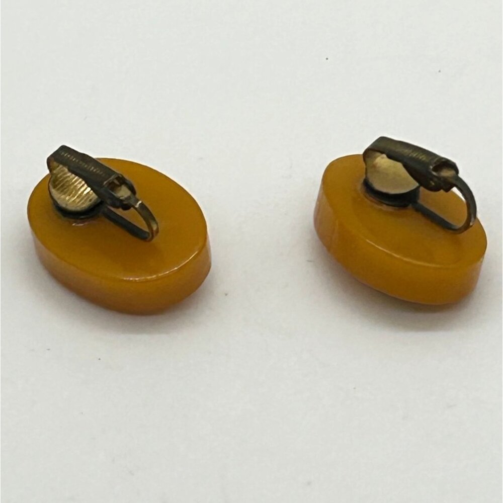 Bakelite Clip-On Earrings  Butterscotch Pink & Green Embroidered Floral Vintage - Picture 14 of 15
